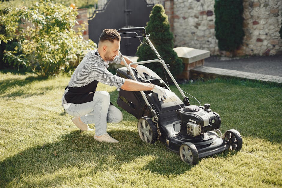 Man in summer attire using a lawnmower on a sunny day, showcasing gardening tools.